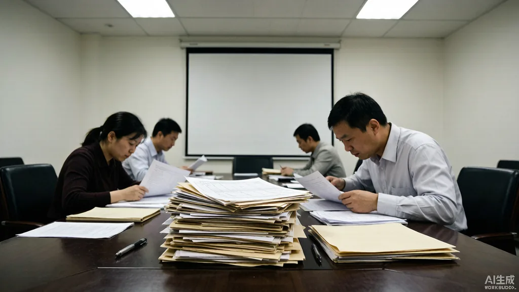 会议室投影演示一套蓝色登录框的 OA 系统,台下坐着翻资料的员工,桌上堆着纸质表单和文件夹