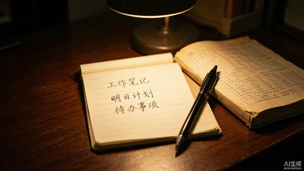 办公桌上手写汉字的便签本、圆珠笔与翻开的拼音字典