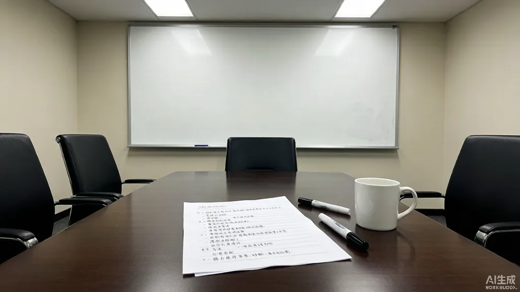 办公室会议室场景,米色CRT显示器连接投影仪投在墙上,白板写着议程,桌上几张打印纸和笔,画面无可读文字