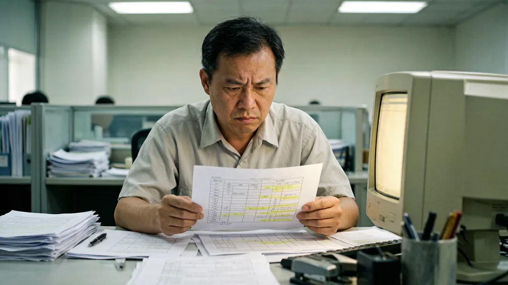 办公人员对着一份满是合并单元格的 Excel 打印稿发愁