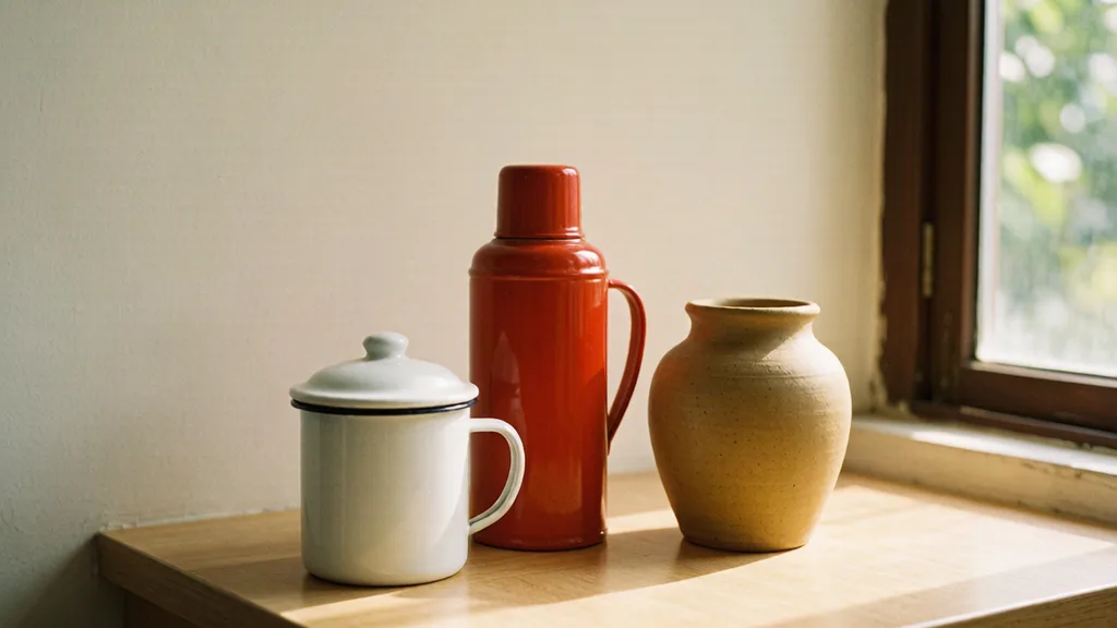 办公室茶水间,带盖搪瓷茶杯、暖水瓶与茶叶罐放在台面上,旁边叠着报纸,上午日光,近景,没有电子屏幕