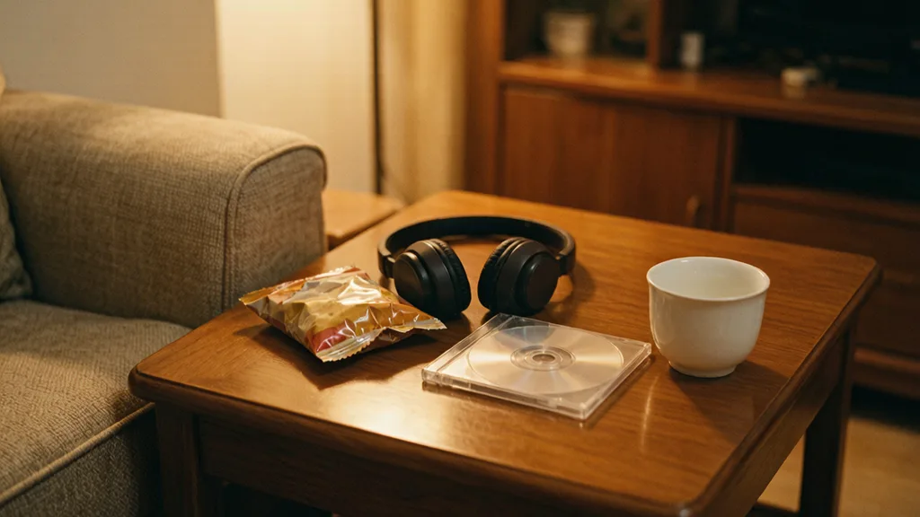 傍晚的客厅茶几上放着零食袋、一副耳机、一个空光盘盒和几本杂志,沙发一角,室内暖光,中景,没有电子屏幕
