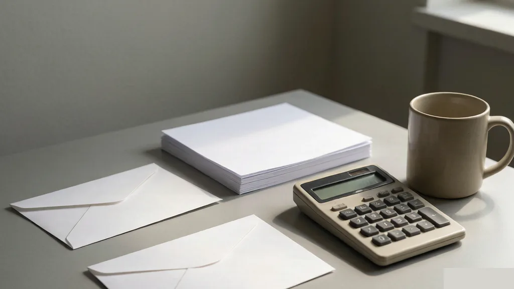 办公桌一角放着几张完全空白的信封、一叠空白信纸、老式按键计算器和素色马克杯，午后窗光，中景，没有电子屏幕