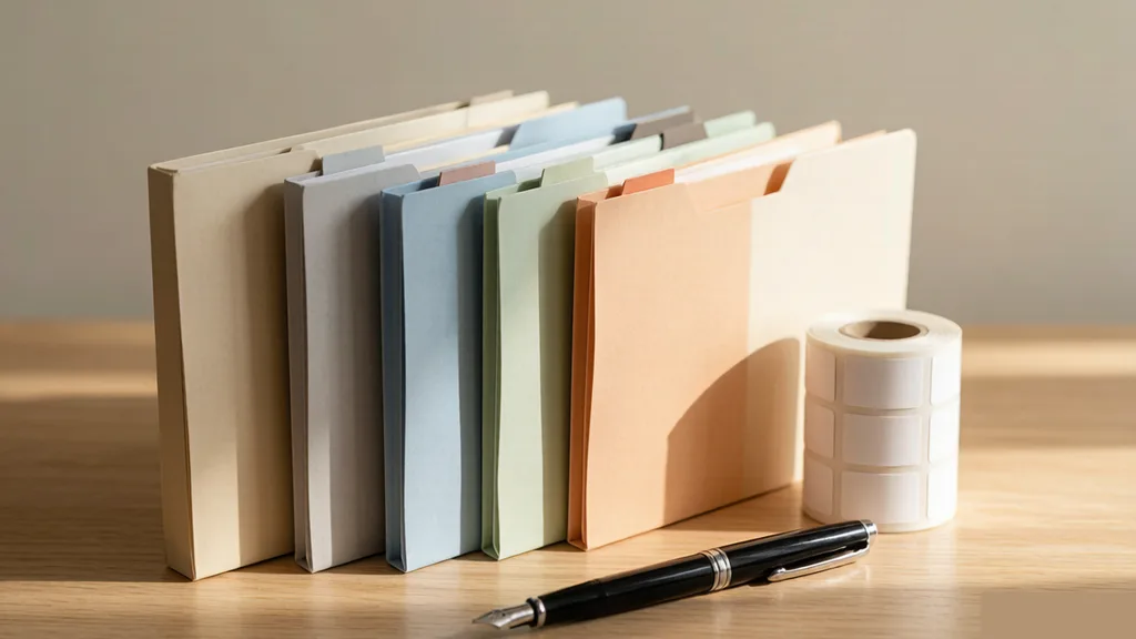 木质桌上一排立式文件夹、彩色标签露在外侧、一卷空白标签贴纸和一支笔,午后窗光,中景,没有电子屏幕,无文字