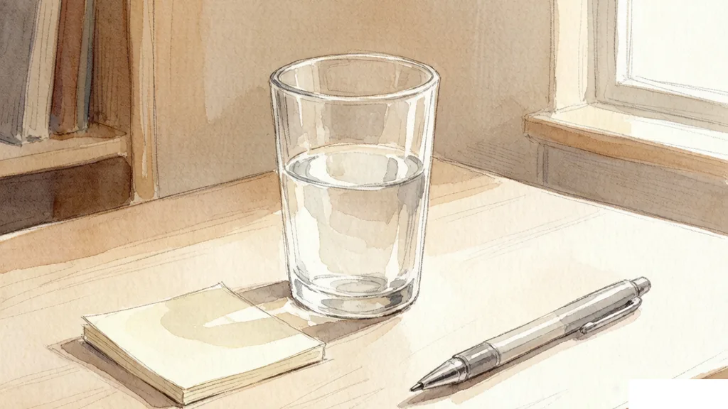 手绘风格:桌上一只玻璃水杯、一张空白便签纸和一支笔,清晨柔和日光,中景,无电子屏幕,无文字无手写